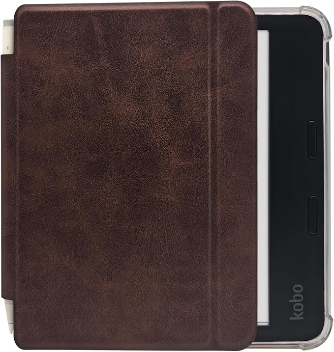 Folio Leather Case for 7" Kobo Libra Colour (2024) eReader - Ultra-Thin Enhanced Auto Sleep/Wake Cover with Transparent TPU Back, Magnetic Closure, Stylus Holder (Cowhide Brown)