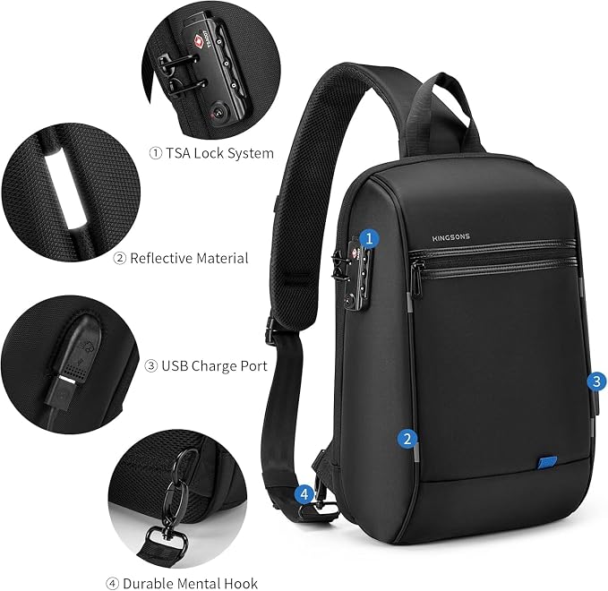 Kingsons Laptop Sling Backpack Anti Theft Bag,Hiking Daypack 13 Inch Waterproof Nylon Travel Bags for Men, Single Shoulder Camping Dayback with USB Charging Port for Traveling