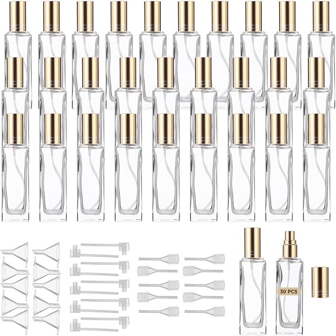 30 Pcs 30ml Perfume Bottles Bulk - Refillable Clear Thick Glass Cologne Spray Perfume Bottles for Fragrance Decanting, Compact Travel Fine Mist Atomizer Set with Funnels, Dispensers, Spring Droppers