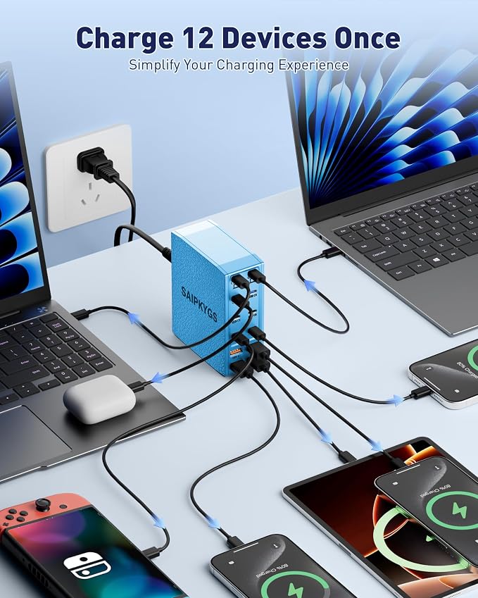 USB Charging Station (1000W),12-Port USB C Charger Block with Dual 100W PD USB-C Fast Charging Station Hub for MacBook Pro/Air/All iPad Phone 17/16 15/14/13/Pro Max/Samsung Galaxy Note(Blue)