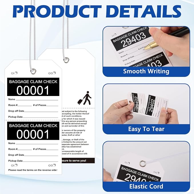 500 Pcs Baggage Claim Tag Hotel Luggage Tag Bulk with White String Paper Baggage Claim Check Tags Perforated Claim Ticket Black Luggage Id Tickets Serial Numbering for Hotel Motel Bag Storage