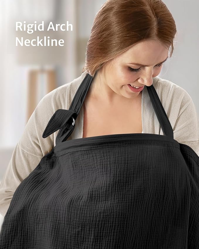 Blissful Diary Muslin Nursing Cover for Breastfeeding, Breathable Breastfeeding Cover up with Arch Neckline for Women, Nursing Apron (Black)
