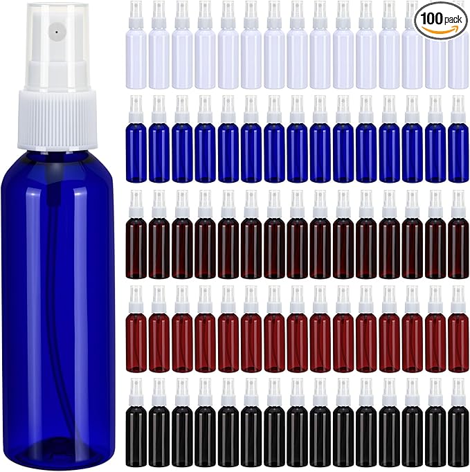 LemonRoad 100 Pack 2 oz Mini Spray Bottles Bulk Small Plastic Fine Mist Spray Bottles Leak Proof Mini Empty Refillable Travel Size Amber Blue Black Fine Mist Sprayer Bottle for Hair, Cleaning
