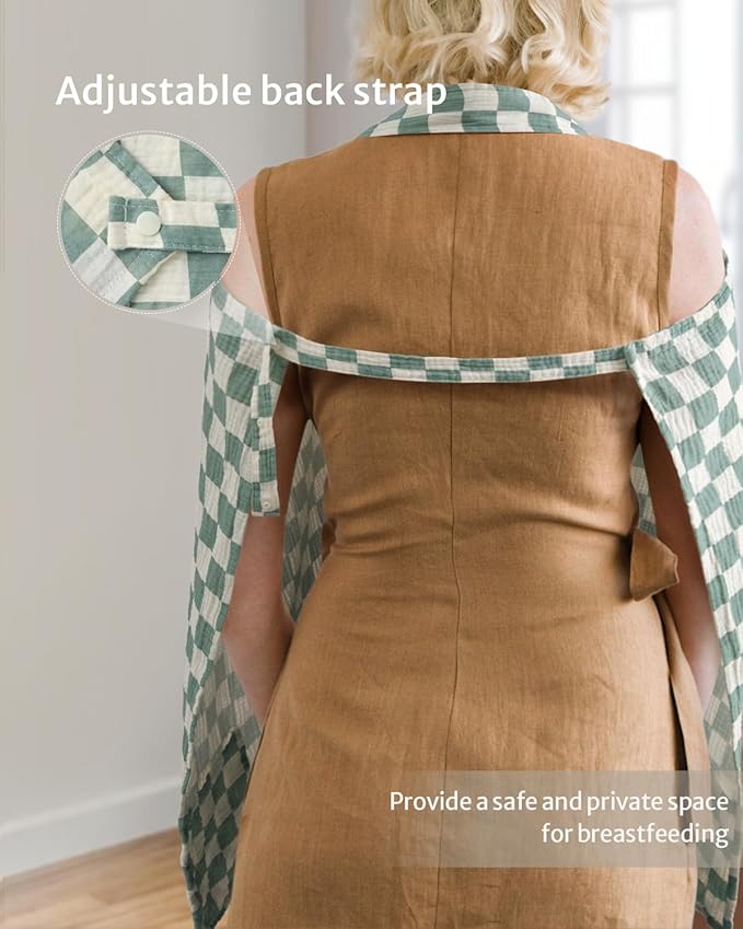 Blissful Diary Muslin Nursing Cover for Breastfeeding, Breathable Breastfeeding Cover up with Arch Neckline for Women, Nursing Apron (Sage Checkboard)