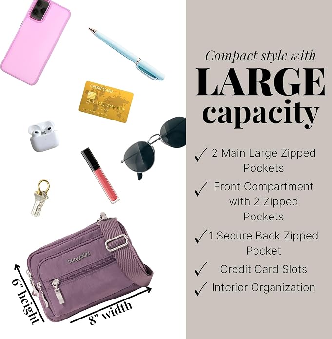 Baggallini Triple Zip Small Crossbody Bag for Women - Lightweight Convertible Fanny Pack Belt Bag