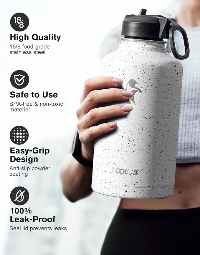 Half Gallon Water Bottle Insulated with Straw&3 Lids, Coolflask 64 oz Water Jug Galaxy Large Metal Stainless Steel flask for Gym, Sports and Office, Keep Cold 48H Hot 24H, Arctic White