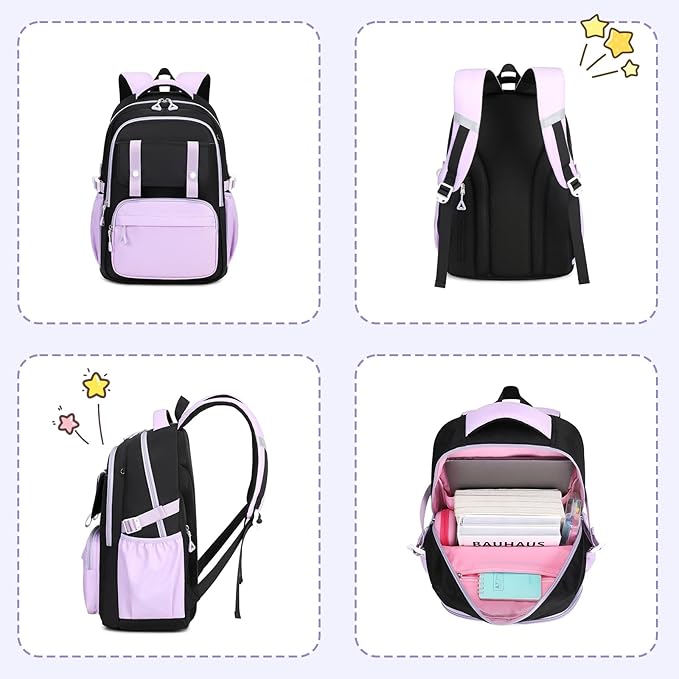 MUSEVOS Girls Backpack, Ideal School Backpack for Girls from Elementary to Teen Years, Kawaii Bookbag Cute Large Capacity (BLACK&PURPLE)