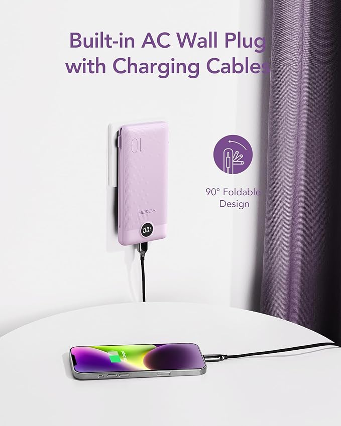 VEGER Portable Charger Power Bank with Built-in AC Plug and Cables, All in One 10000mAh Ultra Slim Travel Essentials, Fast Charging Battery Pack Compatible with iPhone, Samsung, Android, Purple
