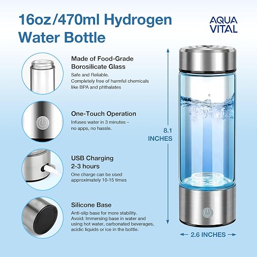 Aqua Vital Hydrogen Water Bottle 2026 Generator 16 oz/470 ml SPE-PEM Ionized H₂ Hydration Bottle USB-C Rechargeable Glass Flask with Auto Shut-Off Portable Sports & Travel Hydrogenated Water Machine