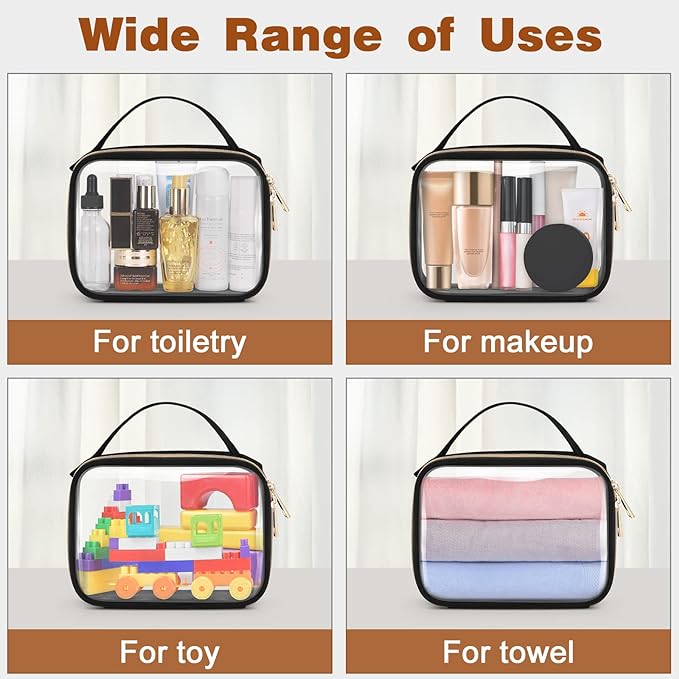 Wedama Clear Toiletry Bag, 2 Pack Clear Makeup Bags with Handles, Large Travel Bags PVC Cosmetic Bag for Women and Men, Carry on Airport Airline Compliant Bag, Black