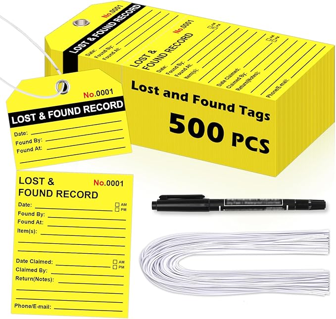 500Pcs Lost and Found Tags with Elastic String Attached &Marker Fluorescent Yellow Paper Lost & Found Record Tags 5 1/4" x 2 5/8" Black Printing Property Tag for Hotel Restaurants Luggage Storage