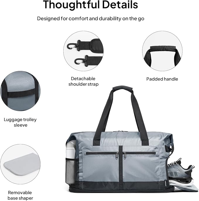 TOPEAST Foldable Travel Bag for Men & Women, 65L Weekender Overnight Duffle Bag for Travel, Expandable Airline Approved Carry-On with Shoe Compartment, Lightweight Personal Item Bag, Water-resistant