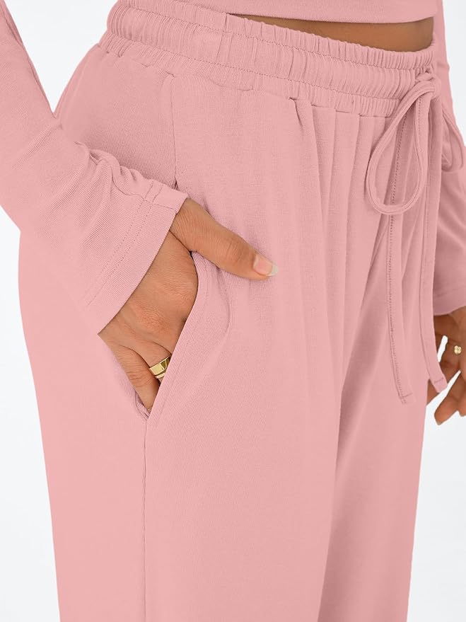 Trendy Queen Women's 2 Piece Matching Lounge Set Long Sleeve Side Ruching Top Wide Leg Drawstring Pants Set with Pockets