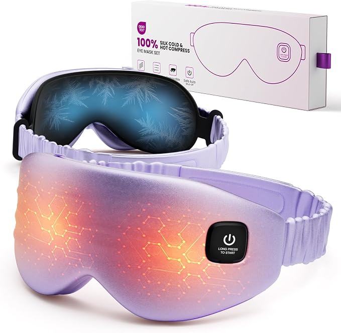 100% Silk Wireless Heated Eye Mask with Cooling, Relieves Dry Eye Syndrome and Puffy, Reduces Dark Circles, Adjustable Velcro Design and Washable Cover, Suitable for Travel & Gifts-Purple.