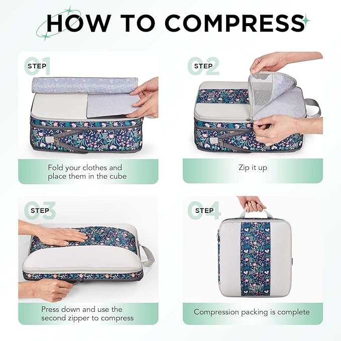 6 Set Compression Packing Cubes for Travel Essentials,Compressible Expandable Packing Cubes for Suitcase,OlarHike Luggage Garment Bags for Travel,Handy Helper for Organizing Clothes(Dark Blue Floral)