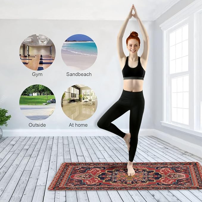 Kigai Travel Yoga Mat 71" x 24" Non Slip Natural Rubber Foldable Exercise Mat Ultra Thin 1.5mm Lightweight for Fitness, Pilates & Home Workout, Persian Design