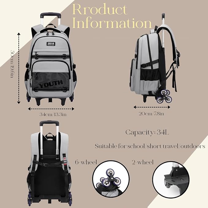 EKUIZAI Kids Rolling Wheeled Backpack for Boys Girls Roller Middle School Backpack with Wheels Rolling Bookbag Trolley Bag for Kids，2 Wheels Khaki
