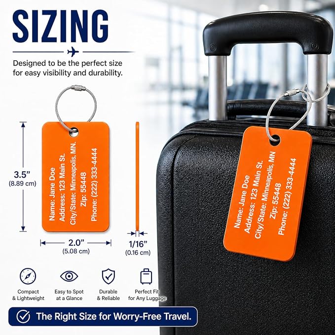 Personalized Acrylic Luggage Tags Set – Custom Engraved Name & Address ID Tags for Suitcases, Carry-On Bags & Backpacks – Bright High Visibility Heavy Duty Travel Bag Tags with Wire Ring Loops (2)