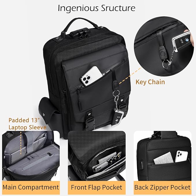 Leaper Anti-Theft Crossbody Sling Bag：one-handed quick-open lock in 3 seconds & hidden zippered pockets for Travel, Work & Daily Commute, Black