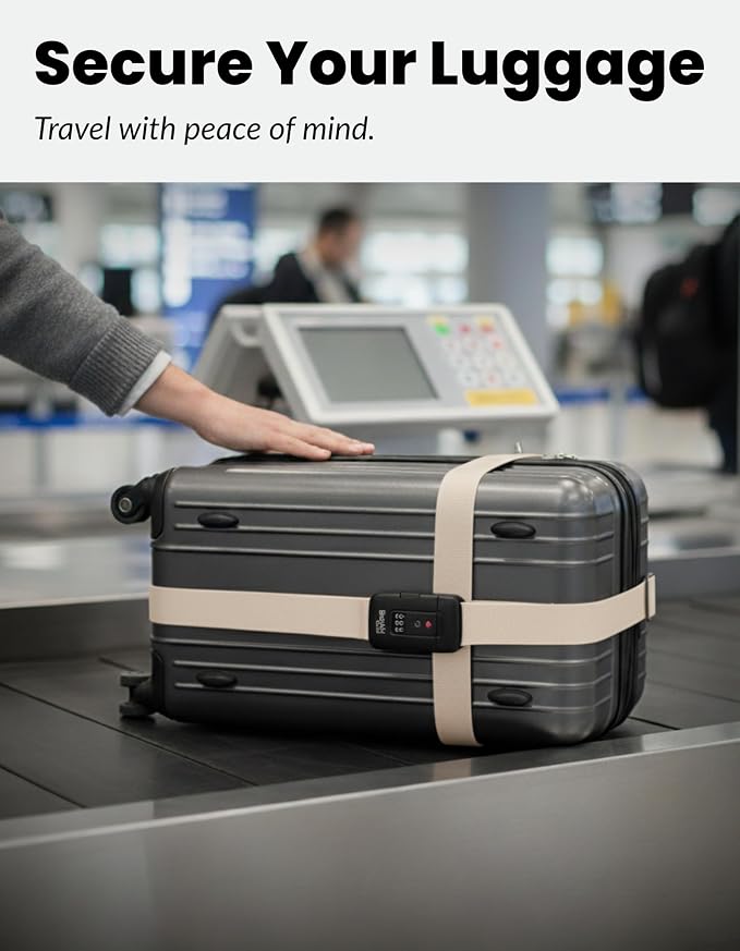 TSA Approved Luggage Straps Light Beige Set of 2 Anti-Burst Adjustable Polyester Suitcase Belts with 3-Dial Combination Lock, 190cm Heavy-Duty Travel Strap Prevents Accidental Opening