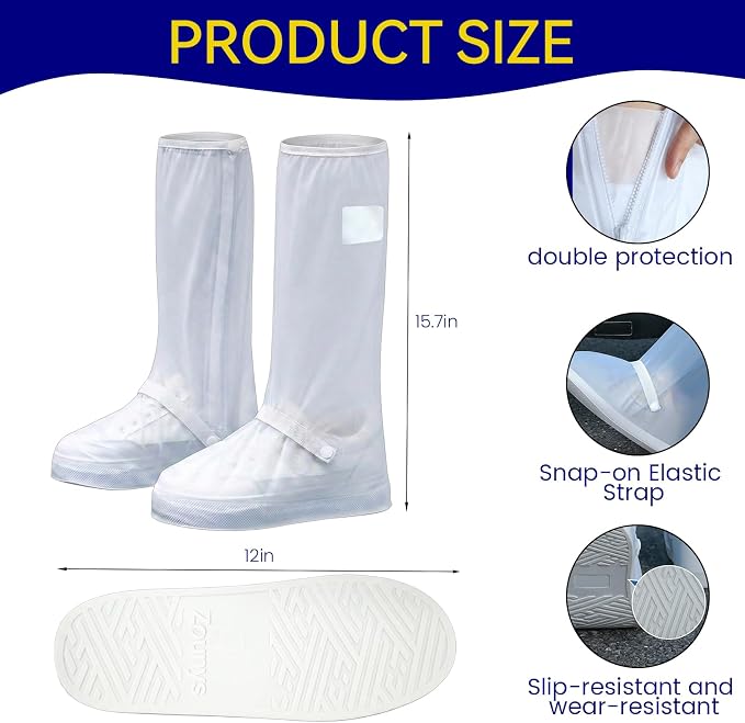 3Pair Reusable Waterproof Shoe Covers with Zipper& Reflector, Non-Slip Silicone Rain Shoe Covers & Foldable Overshoes, Ideal for Men, Women, Cycling and Travel (White, Large)