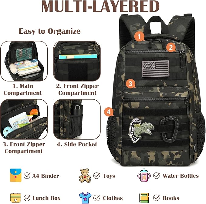 Kids Tactical Backpack Army Molle Bookbag Military Boys Backpack for School, Outdoor, Camping, Black CM