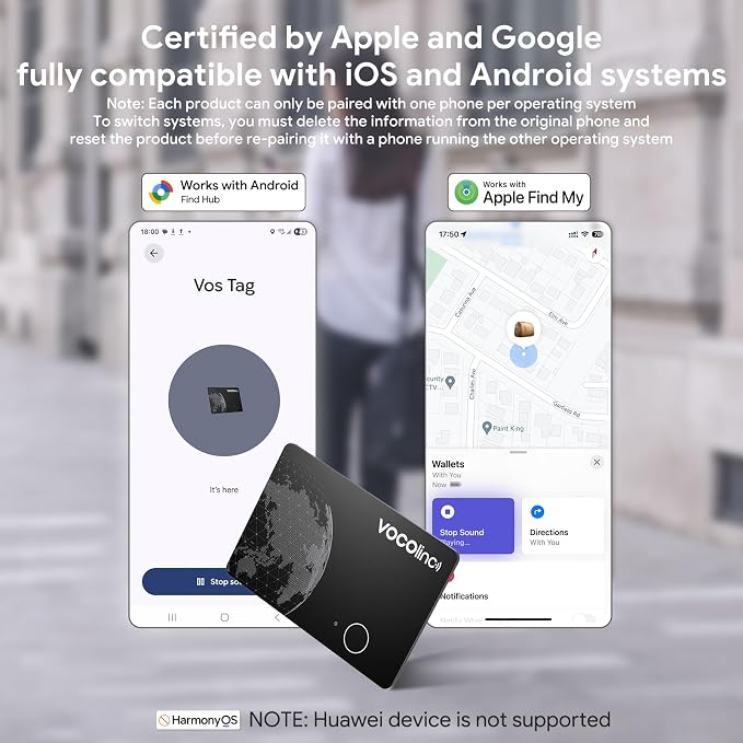 VOCOlinc Air Tag Smart Card for Android & iOS, New Dual System Rechargeable Wallet Tracker Work with Google Find Hub or Apple Find My APP, Item Finder Locator for Luggage, Suitcase. Slim 1.6mm, 2 Pack