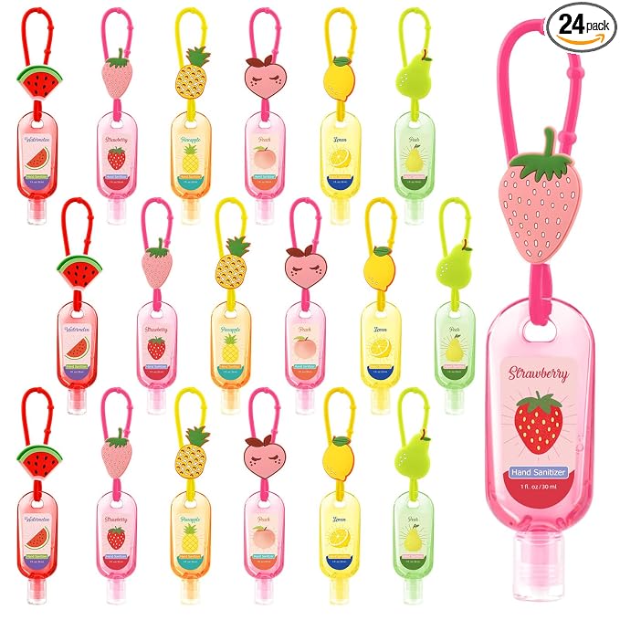 24 Pack Fruit Scentend Hand Sanitizers with Cute Keychains Bulk Travel Size Mini Hand Sanitizer Gel 1oz Thank You Gifts for Employee Teacher Nurse Coworker Back to School Party Favors