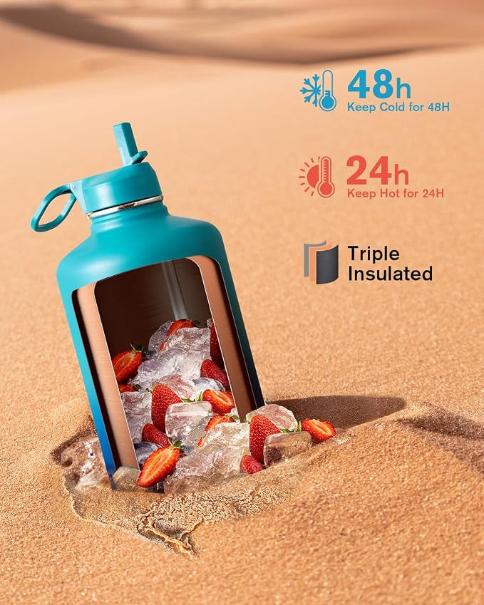 Coolflask 128 oz Gallon Water Bottle Insulated with Straw&3 Lids, Water Jug Large Stainless Steel Metal Vacuum Wide Mouth for Sports, Gym or Office, Non-BPA Keep Cold 48H Hot 24H, Indigo Blue