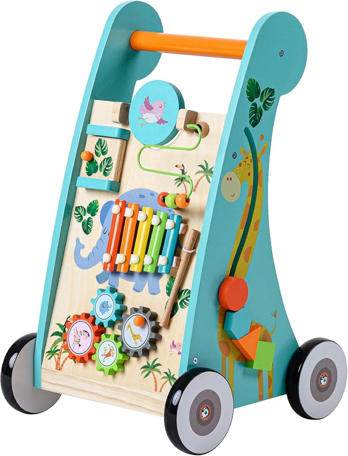 Teamson Kids Preschool Play Lab Wooden Baby Walker and Activity Station, Natural/Blue | Activity Station