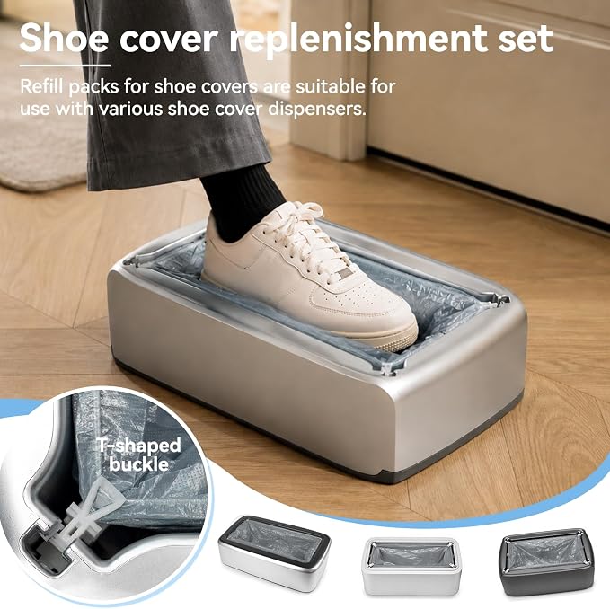 100pcs Shoe Cover Dispenser Refill, Upgraded Thick CPE Automatic Shoe Cover Machine Refills, T-Buckle Disposable Booties for Indoors, Waterproof & Anti-Slip, Gray, Universal Fit