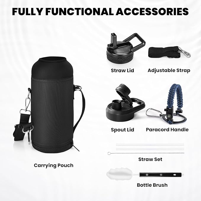 RAYMYLO Insulated Water Bottle 32 oz, Triple Wall Vacuum Stainless Steel (Cold for 24Hrs, Hot for 12Hrs), Leak Proof & Non-BPA, Modern Water Flask Jug with Paracord Handle & Straw Spout Lids