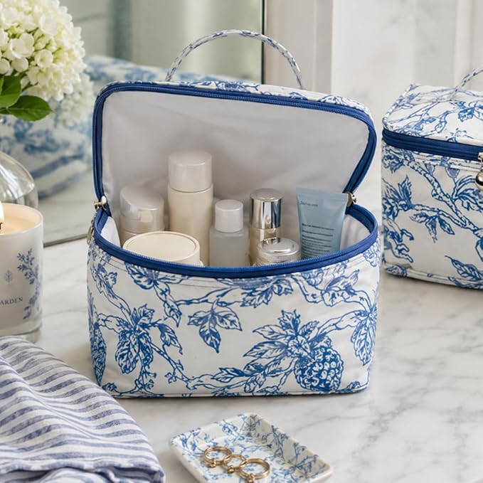 Jacaranda Living Vanity Cosmetic Bag – Structured Makeup Case with Handle, Water-Resistant PVC Lined Cotton, Travel Toiletry Organizer, Splash-proof Summer Bag – Pineapple Garden