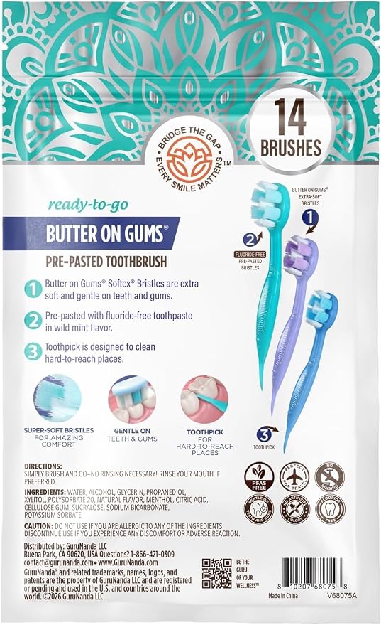 GuruNanda Disposable Travel Toothbrushes with Toothpaste & Toothpick, Prepasted Ready-to-Use Mini Toothbrushes, Fluoride-Free, No Rinse, Soft Bristles, Individually Wrapped, 14 Ct