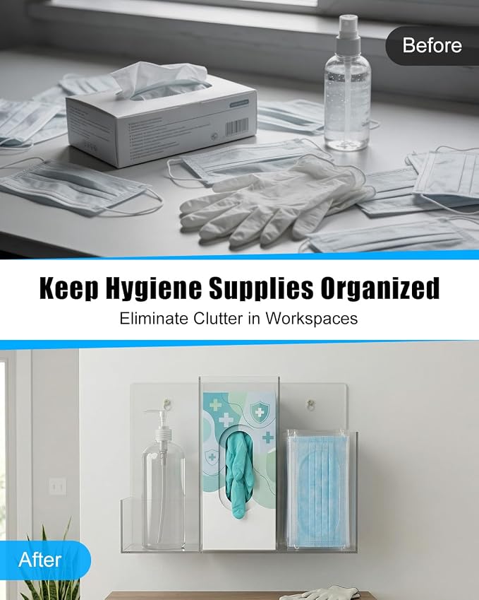 Triple Hygiene Dispenser Station, Clear Acrylic 3-Compartment PPE Organizer for Masks, Gloves & Hand Sanitizer, Wall Mount or Tabletop Hygiene Supply Holder for Office, Clinic, Restaurant, School
