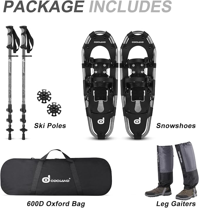 Odoland 21/25/30 Inch Snowshoes with Trekking Poles for Men Women Youth, Waterproof Snow Leg Gaiters and Carrying Bag, Lightweight Aluminum, Heel Lift, Snow Shoes Easy to Wear