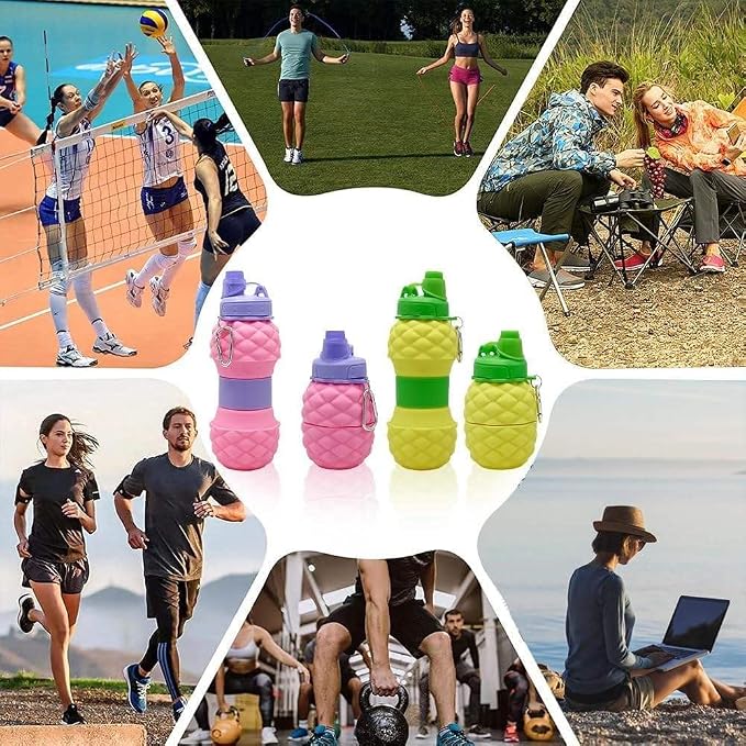 Collapsible Silicone Water Bottle || 600 ML Folding Water Bottle With Straw And Hook || Portable Water Bottle For Hiking, Camping, Sports, Road Trips, Outdoor (Pack Of 1) (Pineapple Shape)