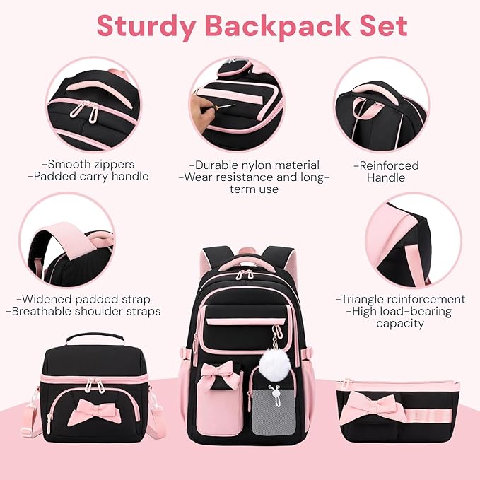 Girls School Backpack with Lunch Box Pencil Case Set, Cute Middle School Bag Teen Girls Backpack Bookbag for Kids, 3pcs Black