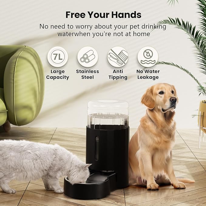 CZPET Dog Water Bowl Dispenser 7L, Wider Mouth & Upgraded Brush for Easy Cleaning Automatic Cat Gravity Refilling Waterer with Removable Stainless Steel Bowl, Large Drinking Area for Multi-Pet (Black)
