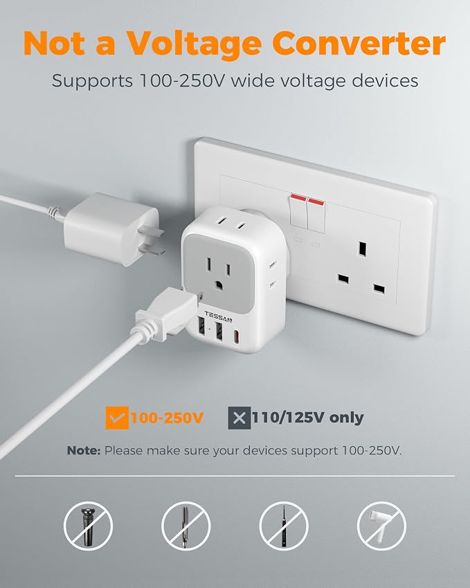TESSAN UK Adapters for Travel 2 Pack, Type G US to UK Plug Adapter with 4 Outlets 3 USB Charger(1 USB C PD 20W), Power Adaptor for USA to Ireland Scotland Dubai Hong Kong England British Kenya London