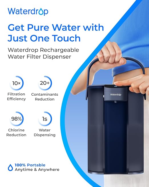Waterdrop ED61B Water Filter Dispenser, 200-Gallon Rechargeable Water Pitcher, Instant 15-Cup Countertop System, 10X Filtration Efficiency, Reduce 98% Chlorine and 20+ Contaminants, Blue