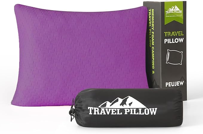 Small Shredded Memory Foam Pillow, Camping Pillow Travel Pillow - Compressible Medium Firm, Breathable Cover, Ideal Backpacking Hiking, Airplane and Car (Purple, L)
