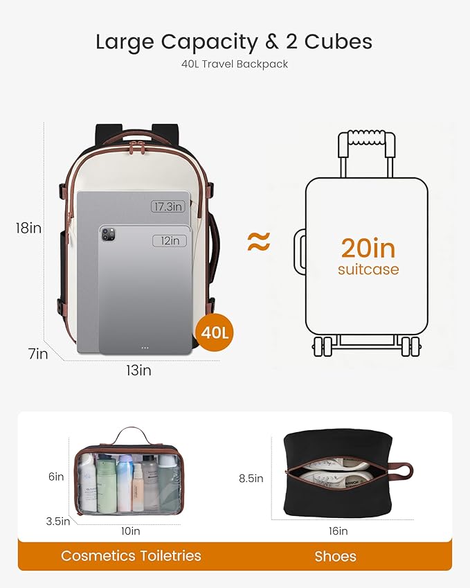 LOVEVOOK 40L Travel Backpack for Women, Airline Approved Carry On Backpack with 2 Packing Cubes, Waterproof Personal Item Bag Fits 17" Laptop, TSA Traveling Essentials Weekender Overnight Backpack