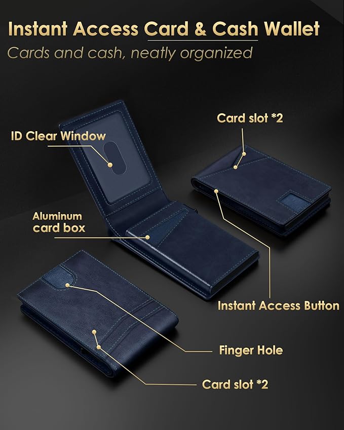 QLD Wallet for Men - RFID Blocking [Functional & Practical] Bifold Slim Minimalist Credit Card Holder Pop Up Metal Case with Cash Slot, Front Pocket with ID Window, Gift Boxed