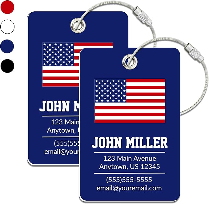 Personalized Luggage Tag with American Flag | 2 Pack | Custom Luggage Tags for Suitcases | Kids Backpack Tag | 4 Color Options & Choose Font, Font Color