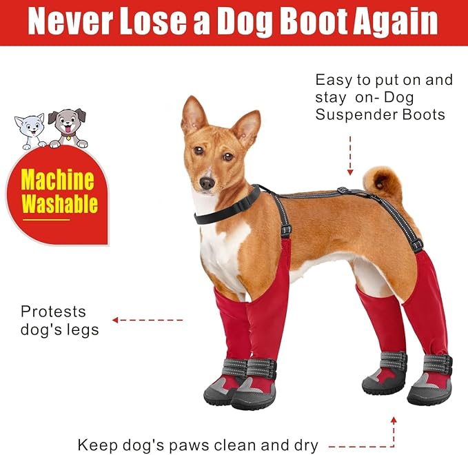 Idepet Dog Suspender Boots, Tall Dog Boots Anti-Slip & Fall Waterproof Shoes Leggings, Adjustable Suspender Boots for Winter Snow Rain Hiking Paws Protector (Red,3)