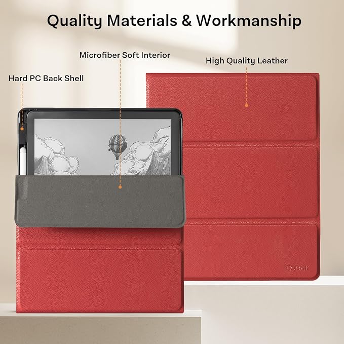 CoBak Case for 11" Kindle Scribe 3rd Generation 2025, Kindle Scribe Colorsoft with Two Viewing Angles - All New PU Leather Cover with Auto Sleep Wake, Pen Holder. Lychee Red