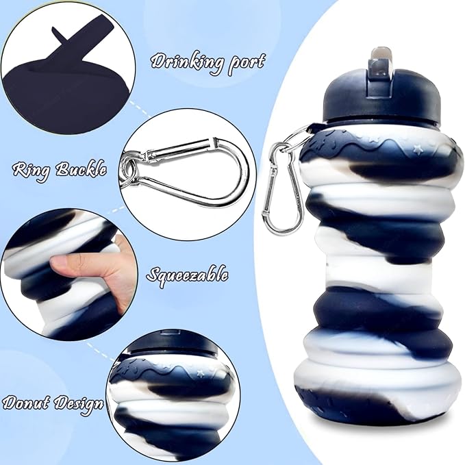 Collapsible Silicone Water Bottle || 600 ML Folding Water Bottle With Straw And Hook || Portable Water Bottle For Hiking, Camping, Sports, Road Trips, Outdoor (Pack Of 1) (Donut Shape)