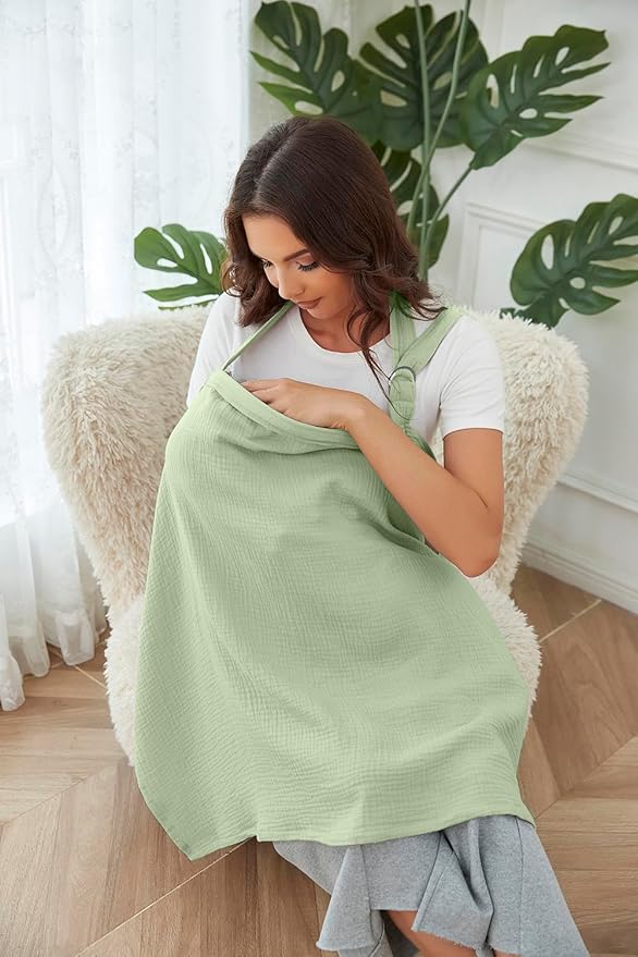 Muslin Nursing Cover for Baby Breastfeeding, Breathable 100% Cotton Breastfeeding Cover with Rigid Hoop for Mother Nursing Apron (Sage Green)