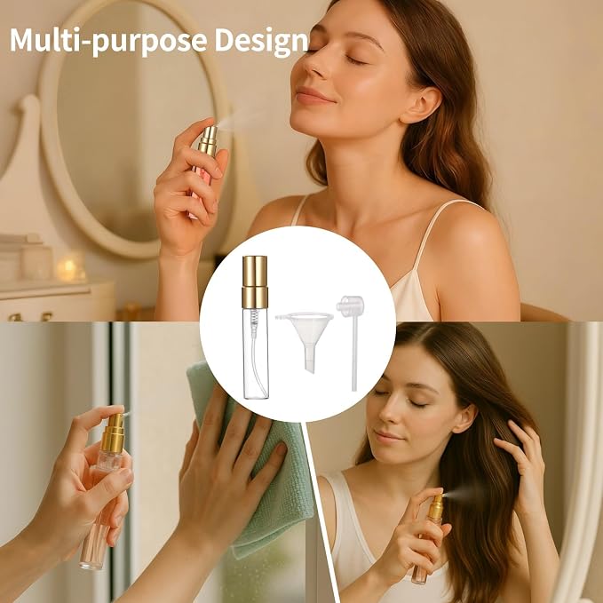 Lnrueg 100 Pcs 5 ml Mini Spray Bottles - 0.17 oz Refillable Glass Perfume Bottles, Portable Travel Sample Containers with Caps, Fine Mist Atomizers with 4 Funnels and 4 Dispensers, Gold
